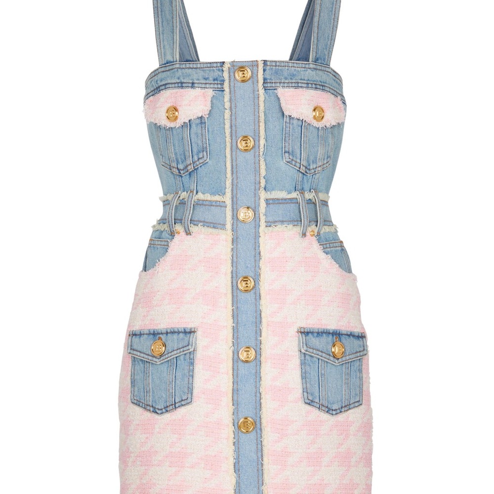 Balmain Paris Denim & Pink Tweed Houndstooth Mini Dress with Gold Buttons - Picture 3 of 13